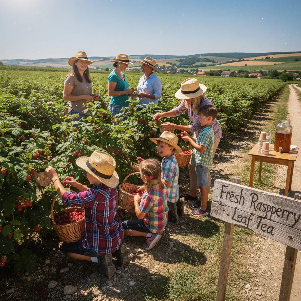 Egy csésze málna levél tea, háttérben zöld levélkék.