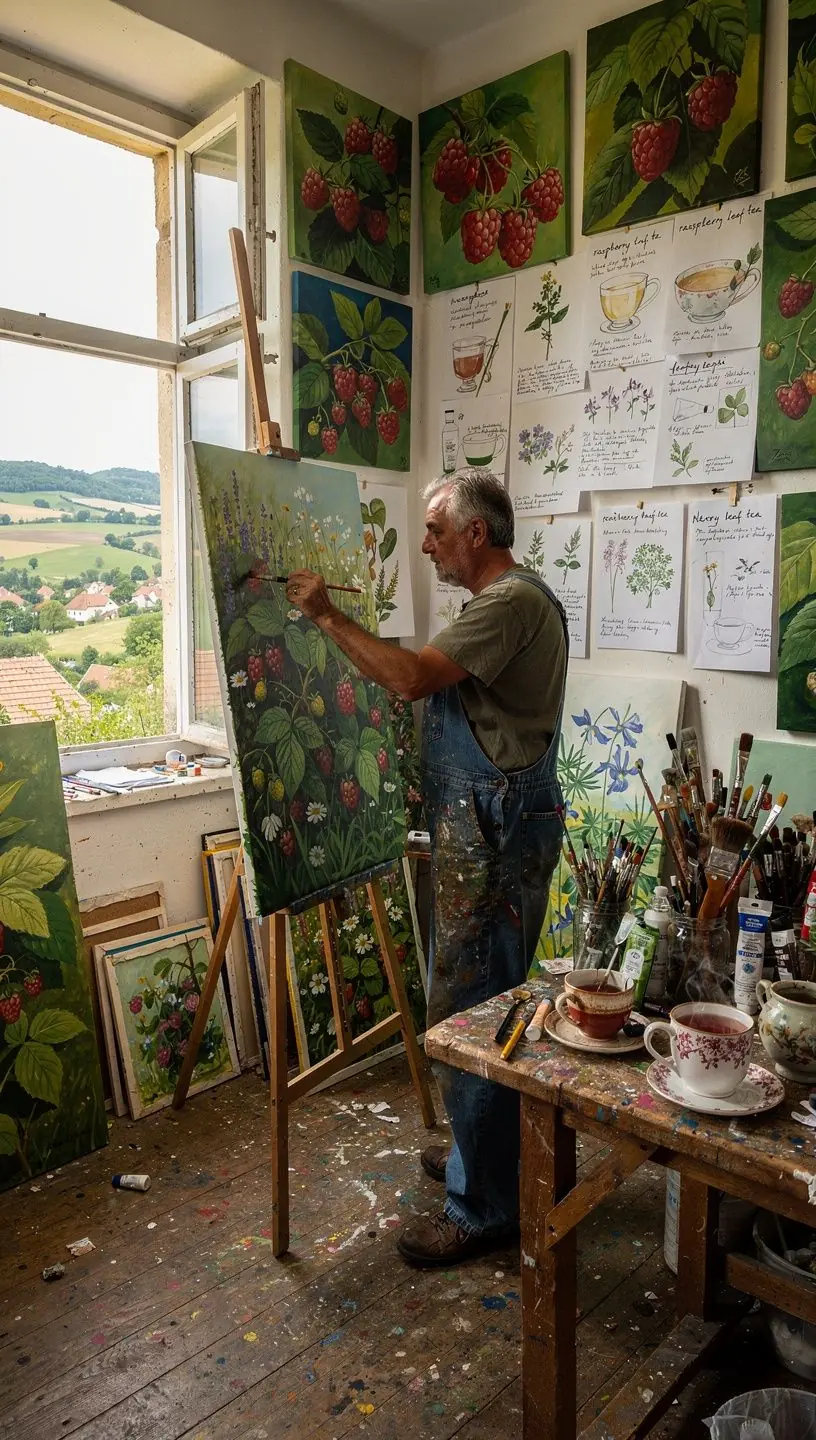 Egy csésze málna levél tea, gyönyörű színnel és gőzölgő füsttel.