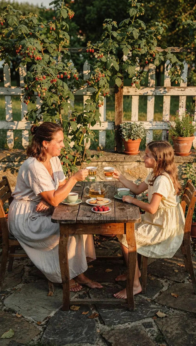 Málna levél tea tálalva egy elegáns csészében, háttérben zöld levelek.